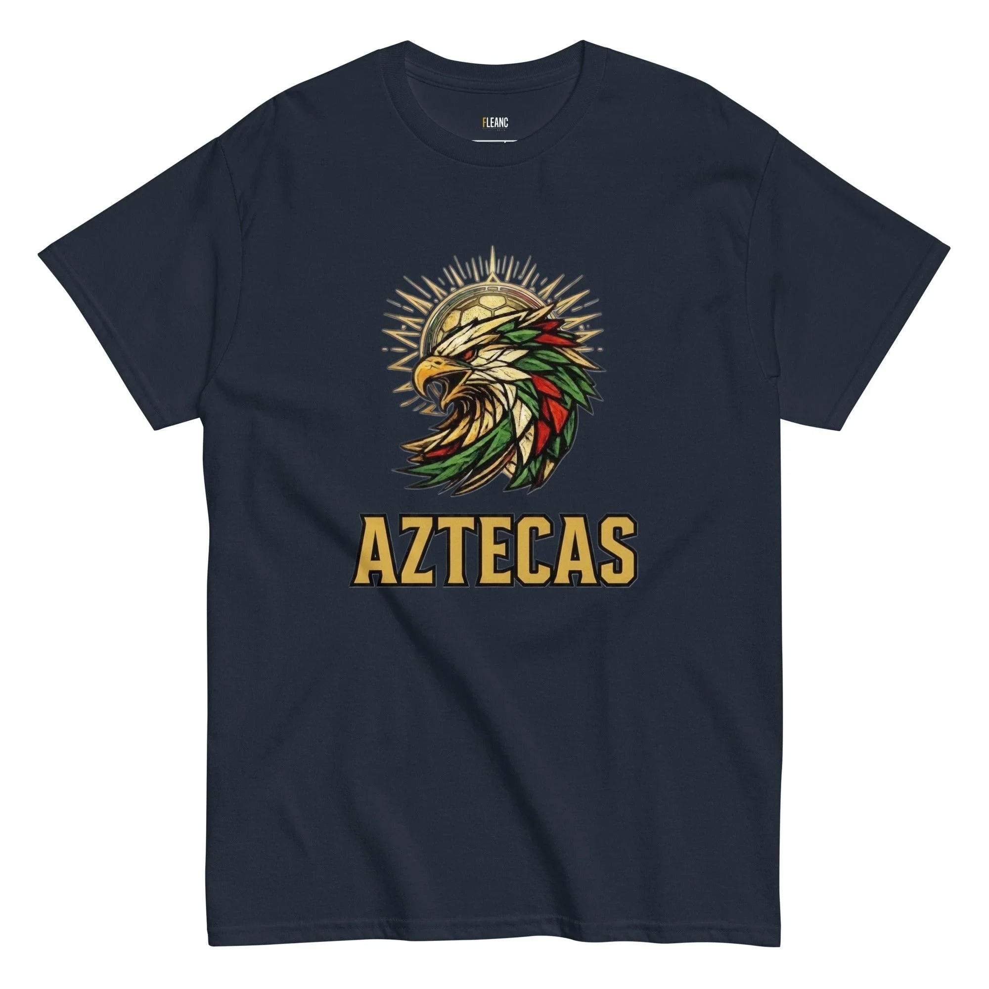 Navy Aztecas soccer t-shirt with eagle and ball design, fan apparel for passionate supporters
