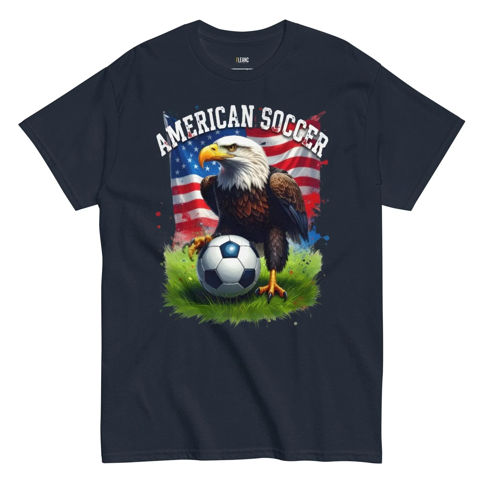 American soccer t-shirt with bald eagle, US flag, and football on grass design