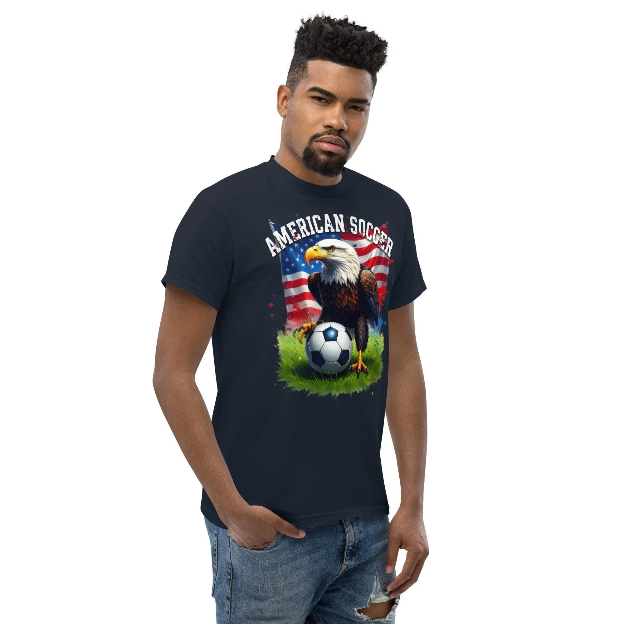 Man wearing navy American soccer t-shirt with eagle, flag, and soccer ball graphic for fans