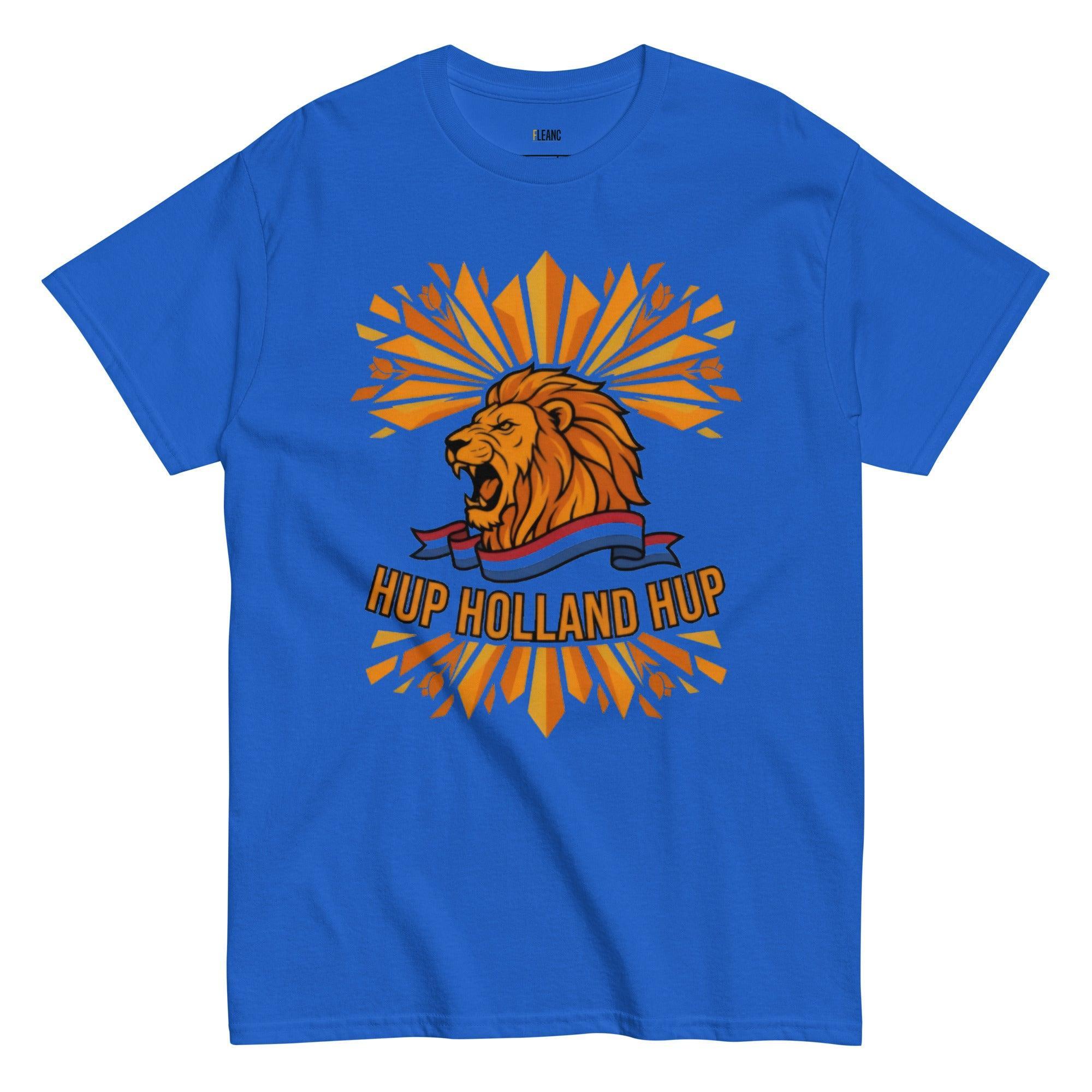 Blue Hup Holland Hup t-shirt with roaring lion graphic, sunburst design, and Dutch flag ribbon for football fans