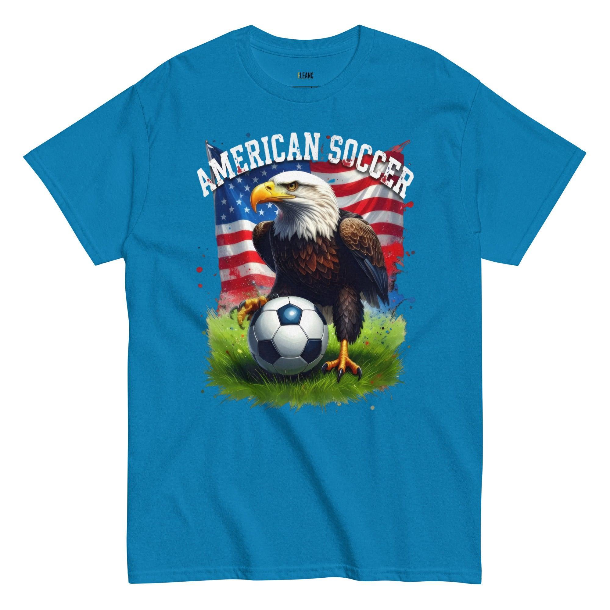 American Soccer t-shirt with bald eagle, USA flag, and soccer ball on grass, perfect for football fans