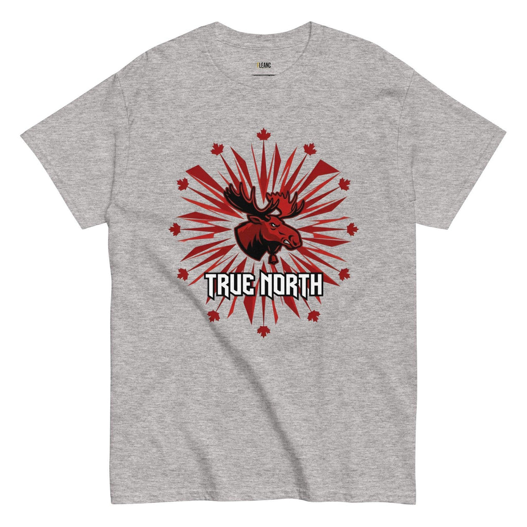 Grey t-shirt with red moose graphic, maple leaves, and 'True North' text for Canadian sports fans