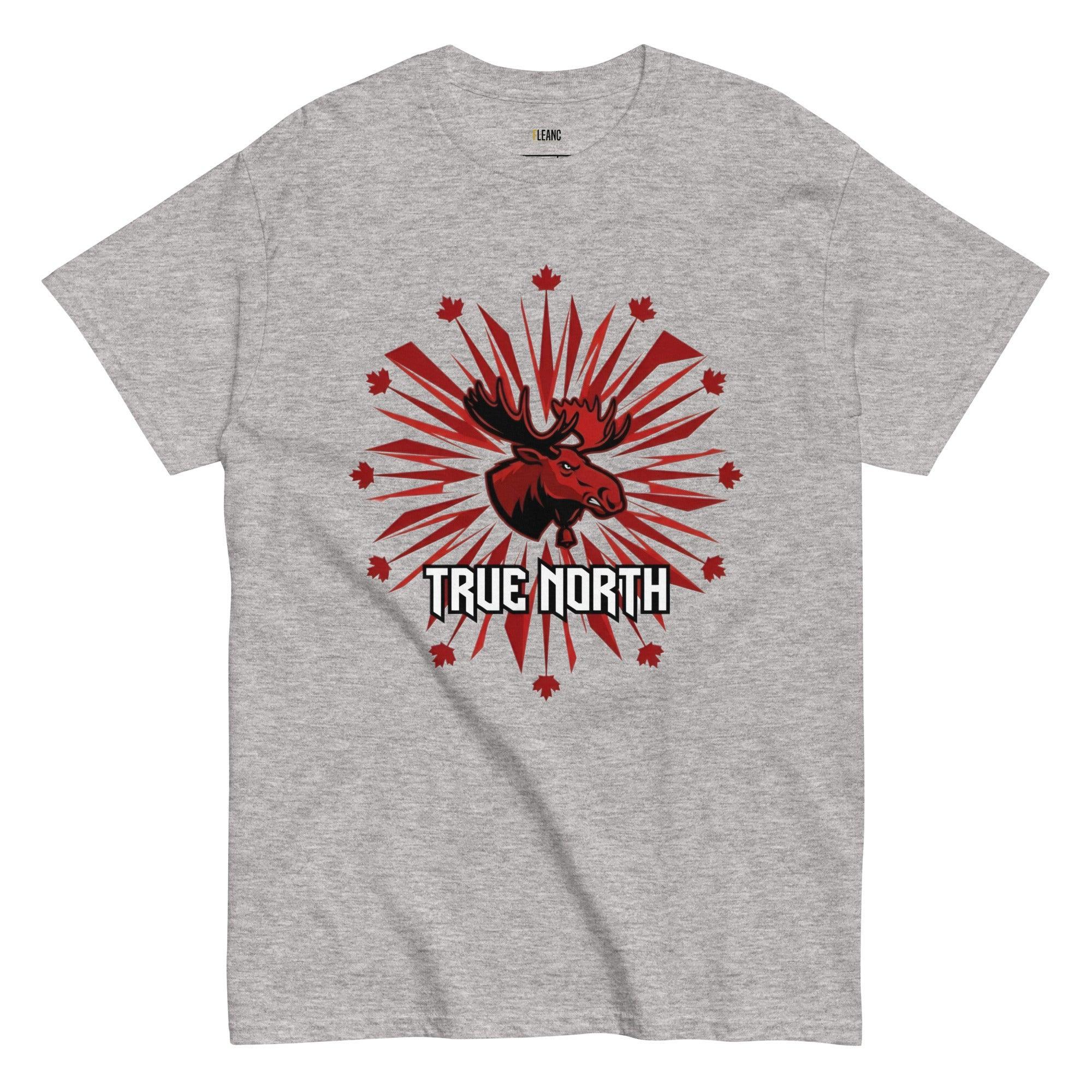 Grey t-shirt with red moose graphic, maple leaves, and 'True North' text for Canadian sports fans