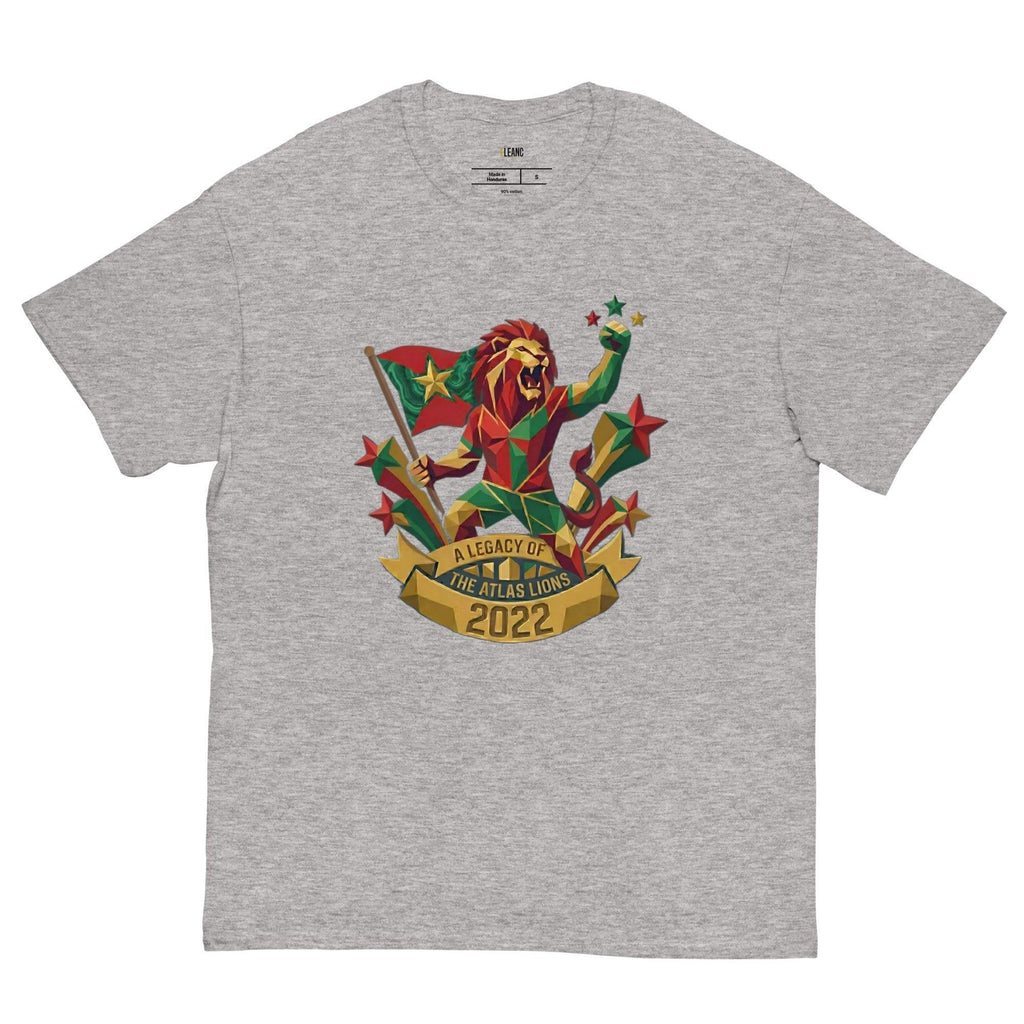 Gray t-shirt with geometric lion holding flag, stars, and 'A Legacy of The Atlas Lions 2022' banner, sports fan apparel