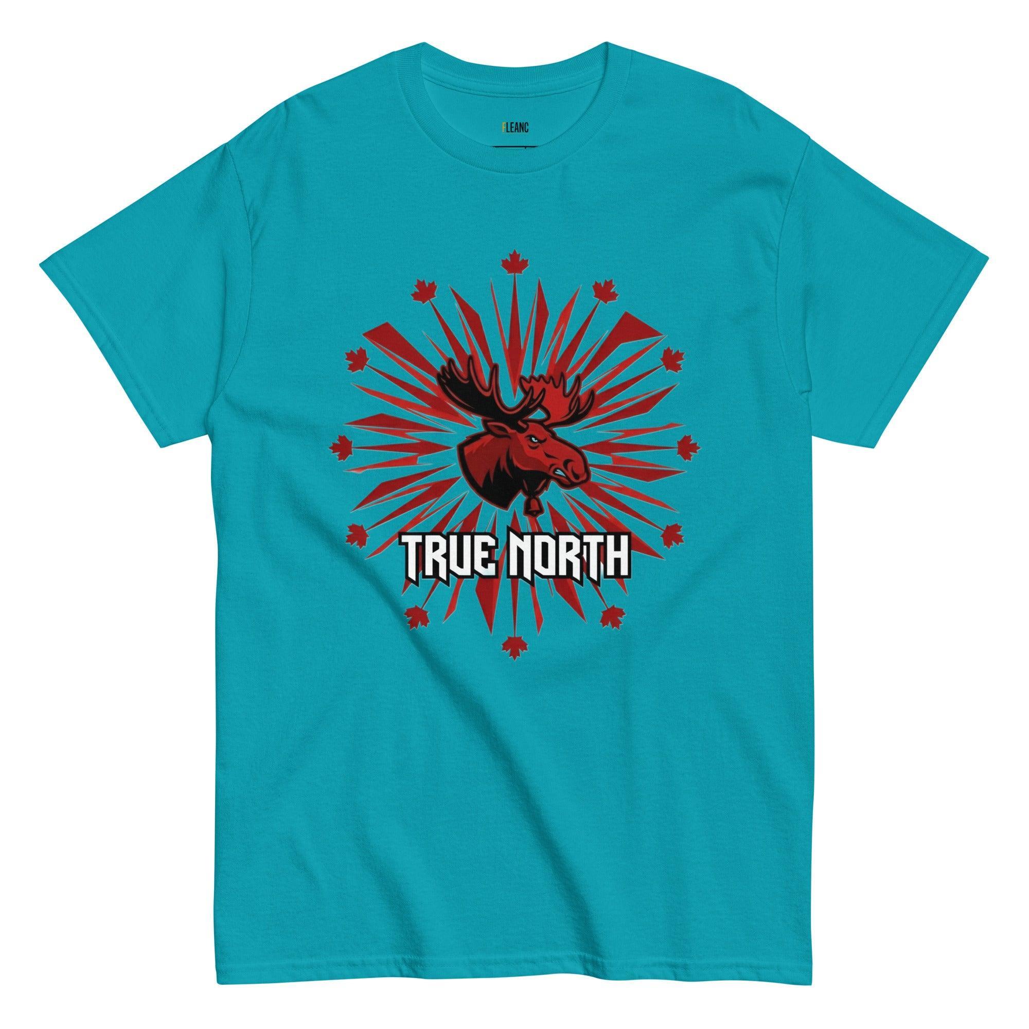 Teal True North moose graphic t-shirt with red maple leaves and burst design, fan apparel