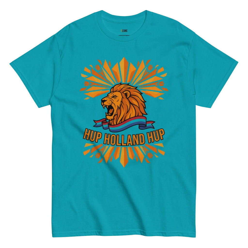 Teal t-shirt with roaring lion graphic, 'Hup Holland Hup' text, and orange sunburst design for football fans