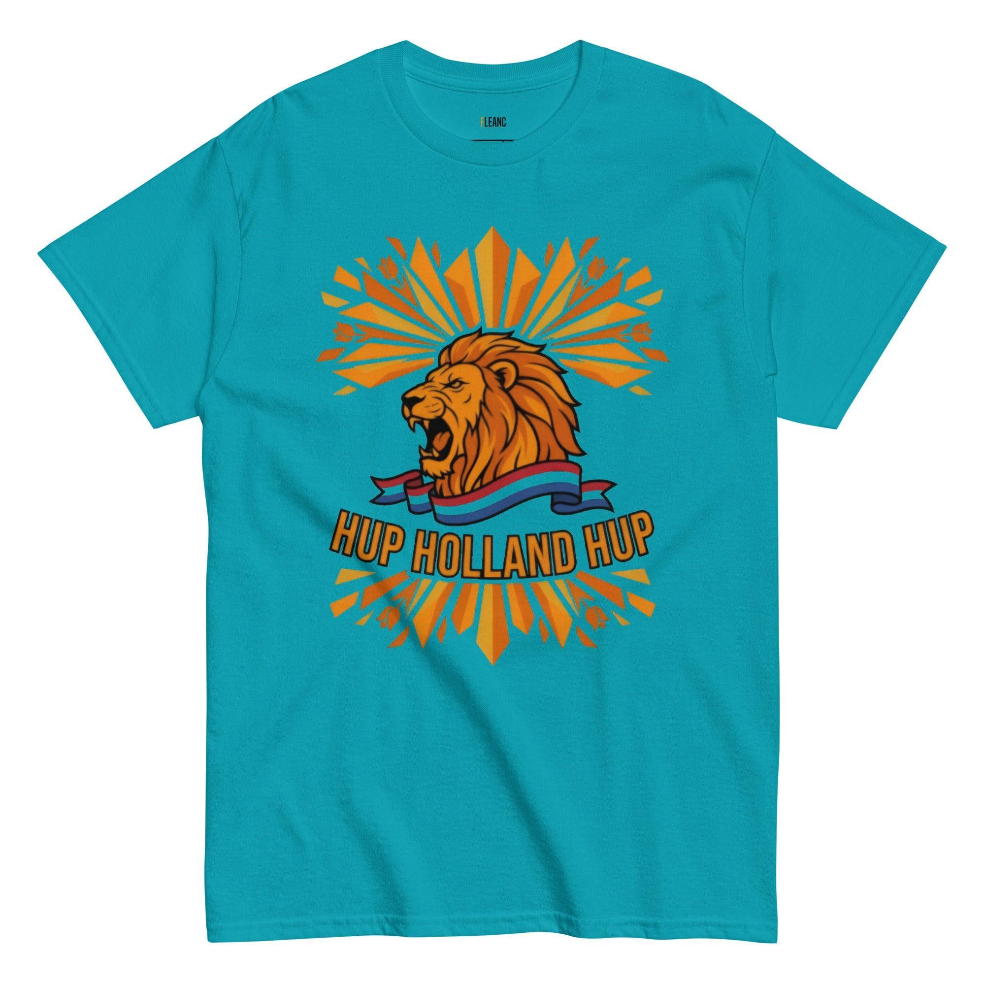 Teal t-shirt with roaring lion graphic, 'Hup Holland Hup' text, and orange sunburst design for football fans