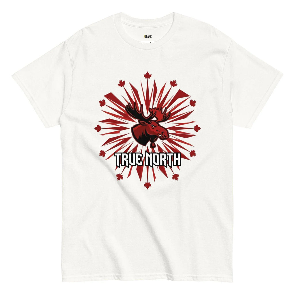 White t-shirt with red moose graphic, maple leaves, and 'TRUE NORTH' text for Canadian sports fans