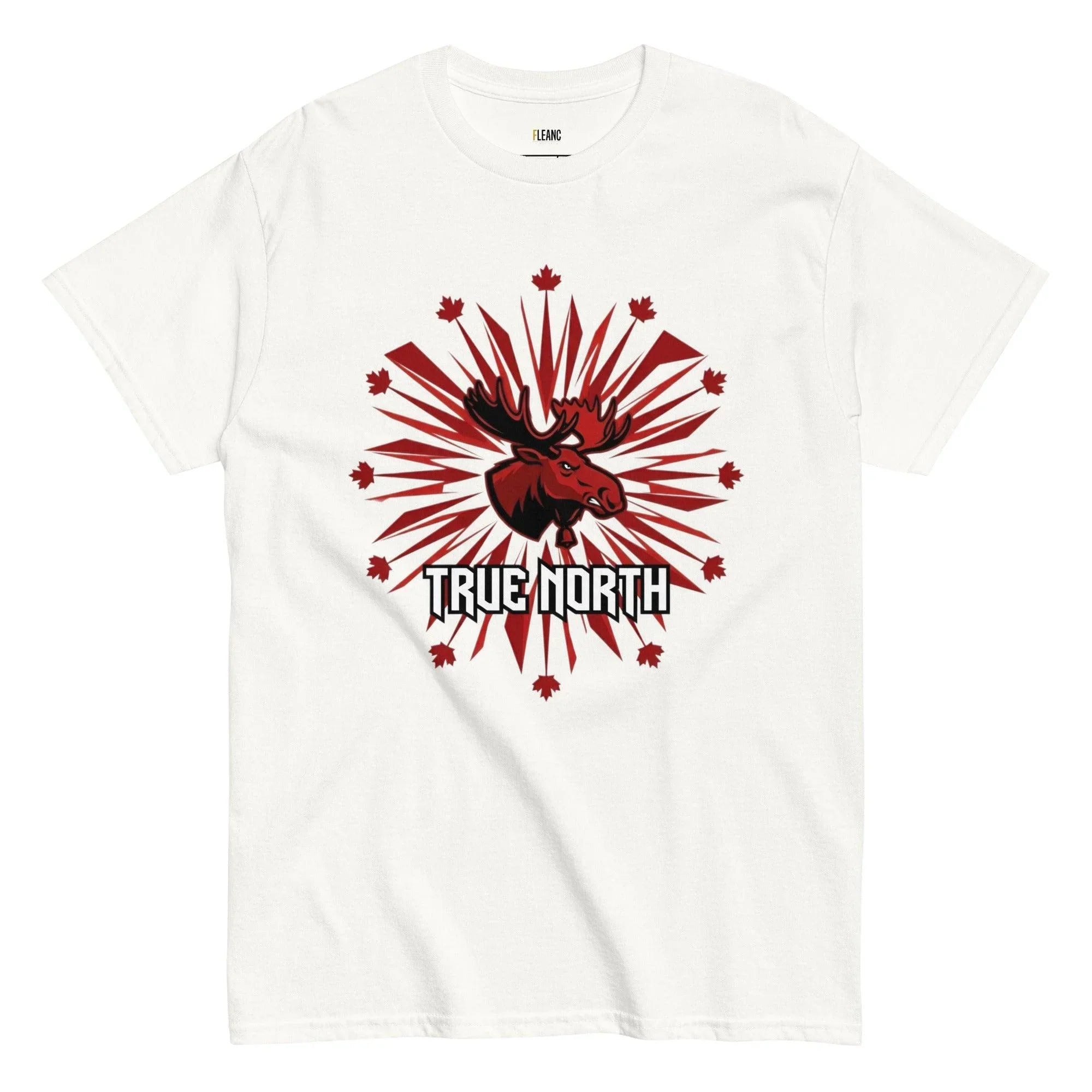 White t-shirt with red moose graphic, maple leaves, and 'TRUE NORTH' text for Canadian sports fans
