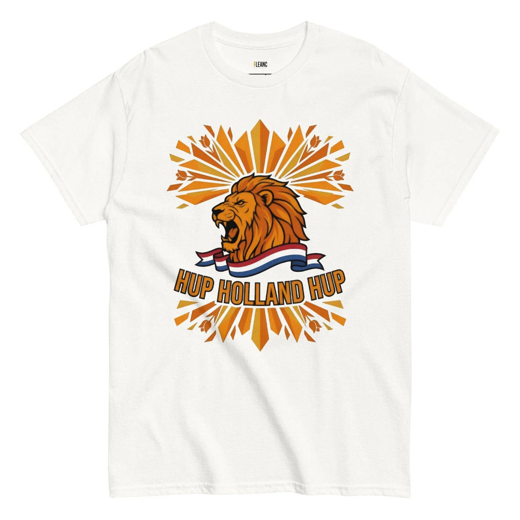White t-shirt with roaring lion graphic, 'Hup Holland Hup' text, and Dutch flag ribbon for football fans