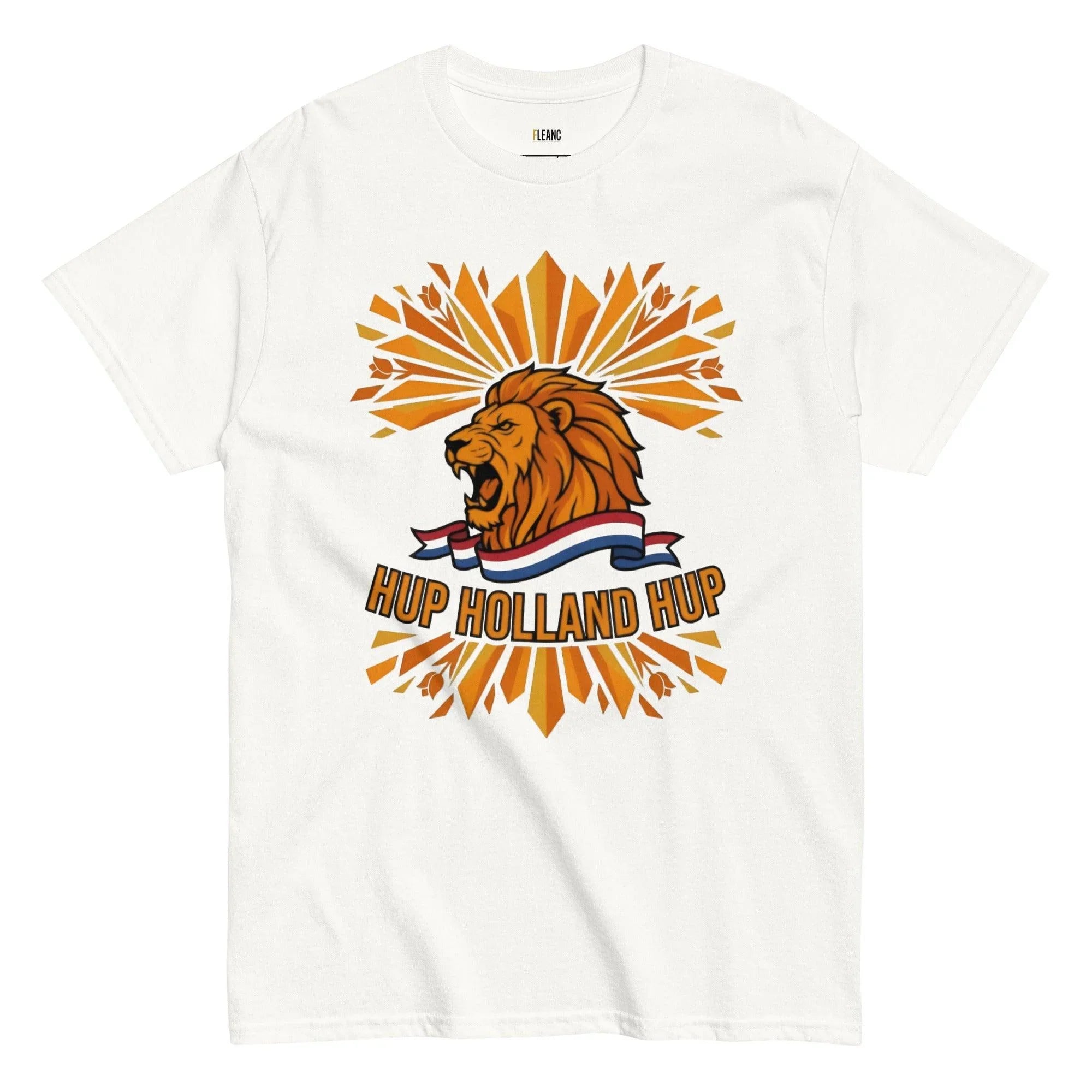White t-shirt with roaring lion graphic, 'Hup Holland Hup' text, and Dutch flag ribbon for football fans