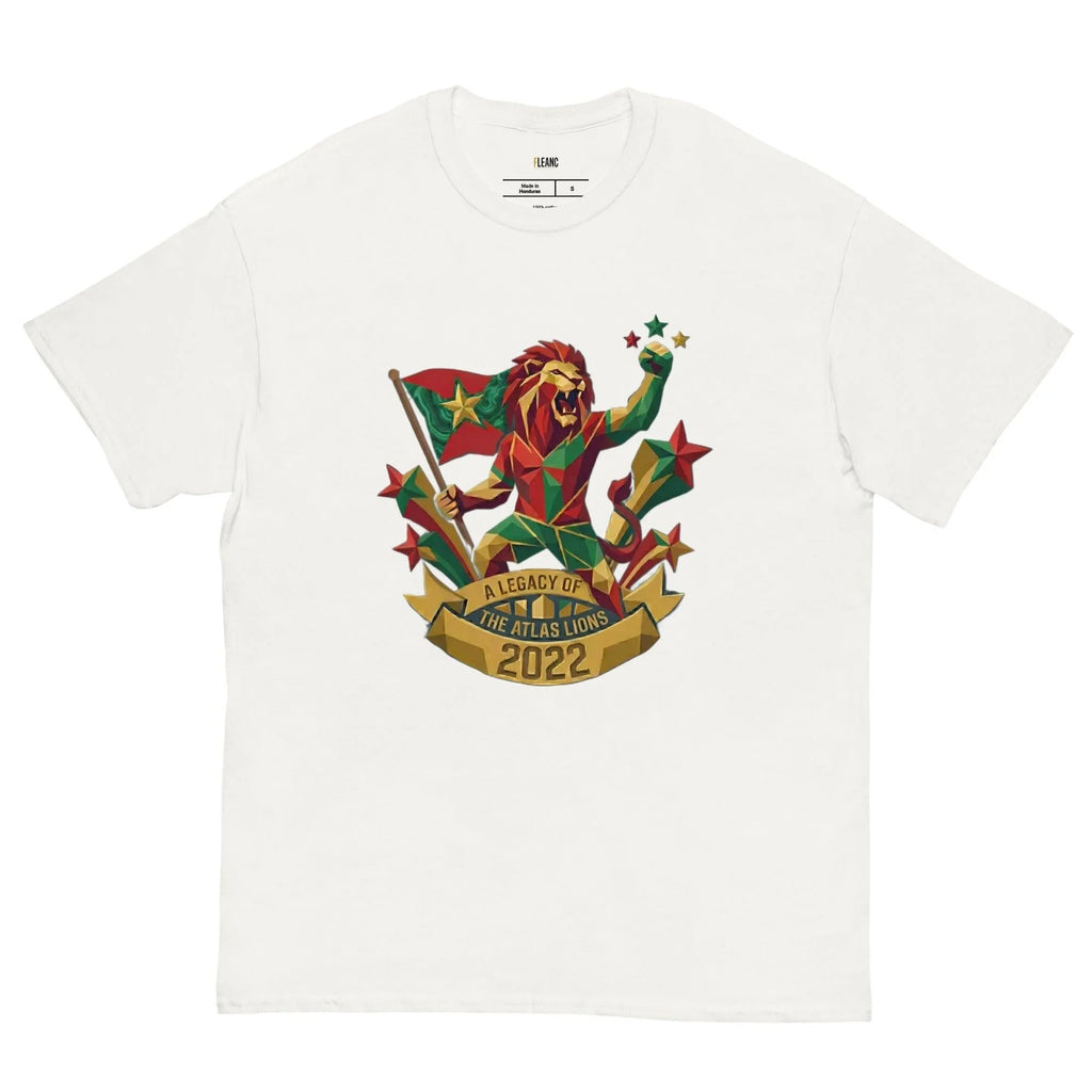 White t-shirt with geometric lion holding flag, stars, and 'A Legacy of The Atlas Lions 2022' banner