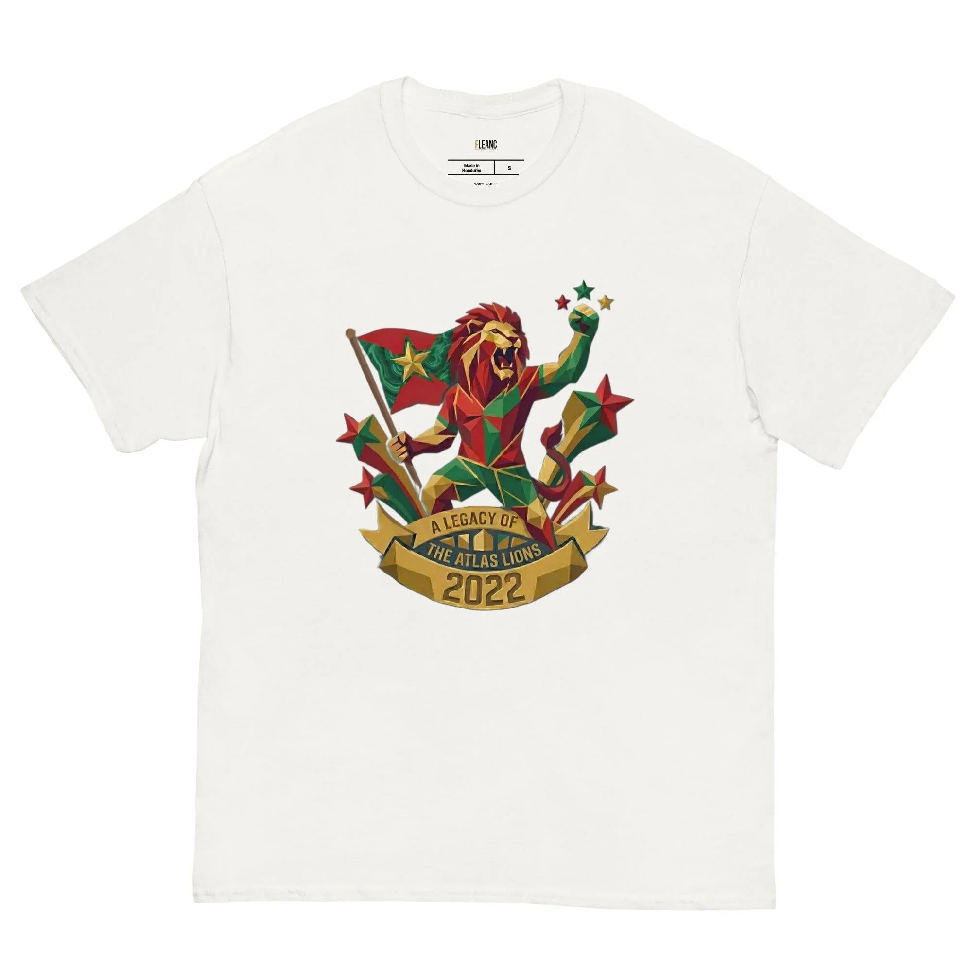 White t-shirt with geometric lion holding flag, stars, and 'A Legacy of The Atlas Lions 2022' banner