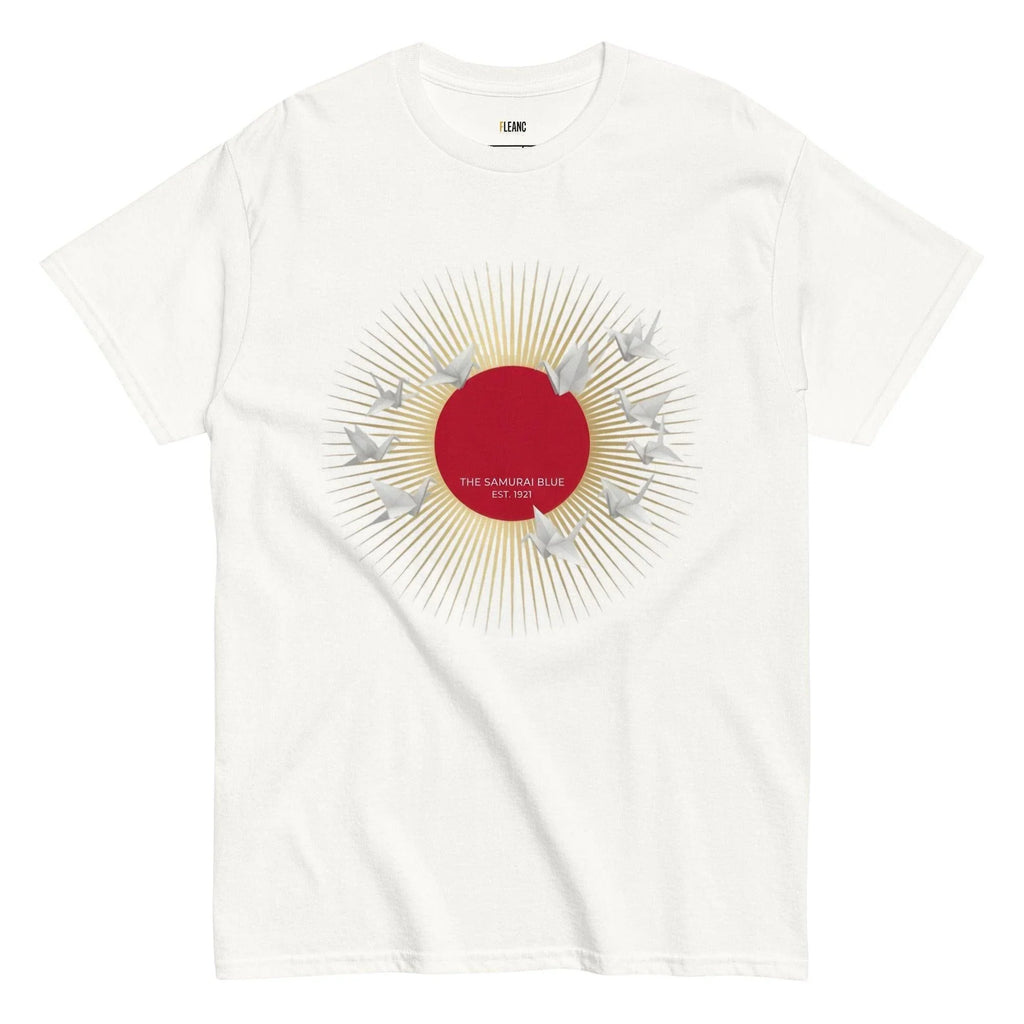 White t-shirt with red sun, origami cranes, and 'The Samurai Blue Est. 1921' text, Japan football fan apparel
