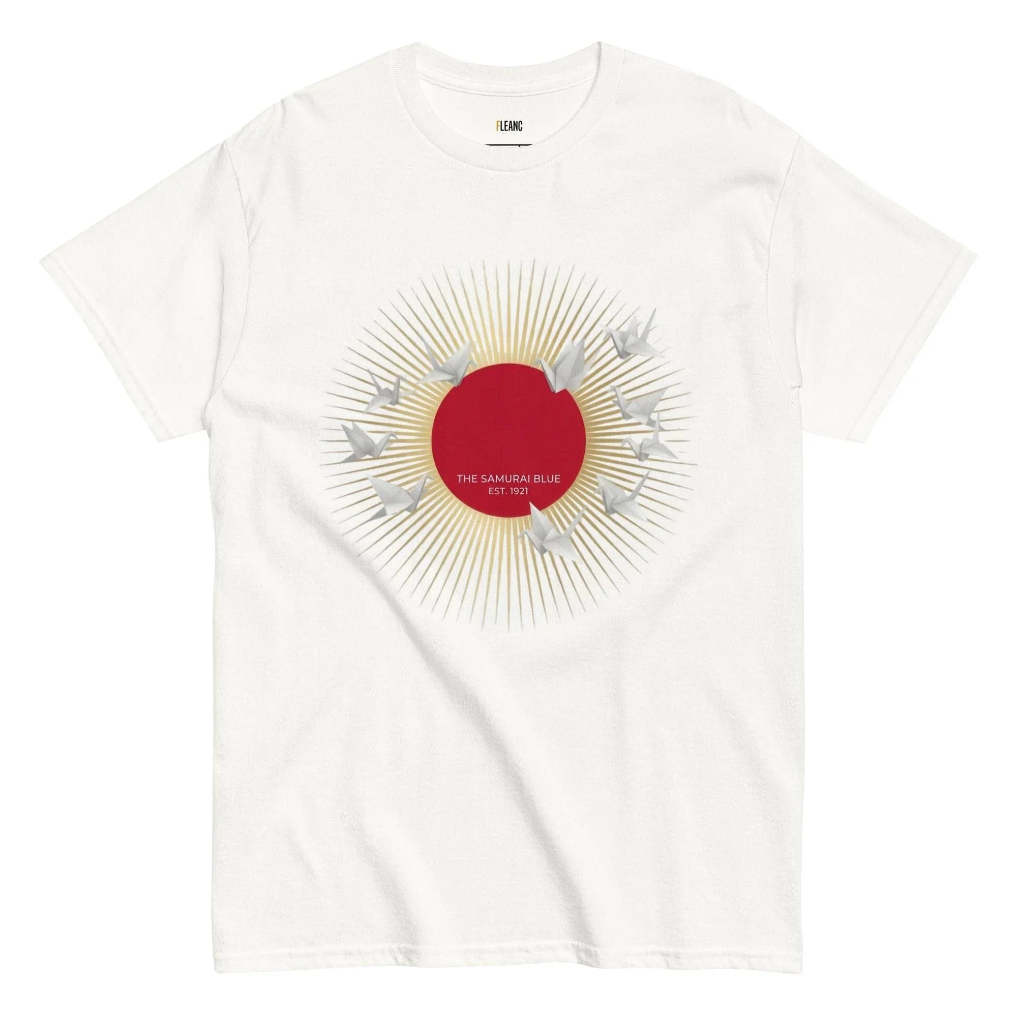 White t-shirt with red sun, origami cranes, and 'The Samurai Blue Est. 1921' text, Japan football fan apparel