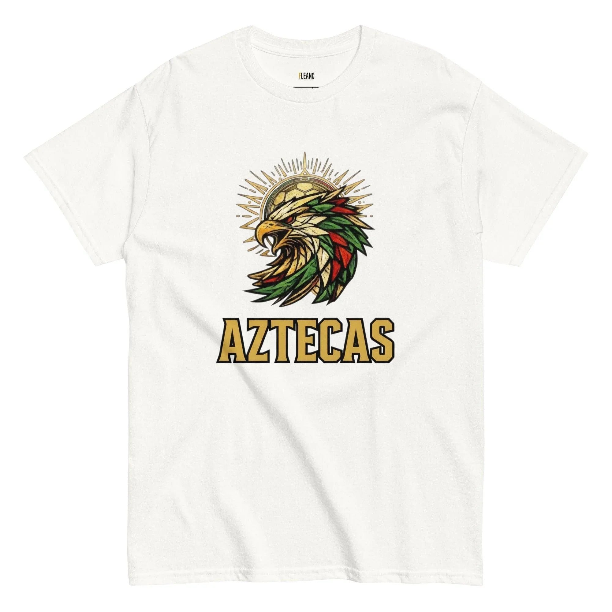 White Aztecas t-shirt with eagle and soccer ball graphic, bold gold lettering, sports fan apparel