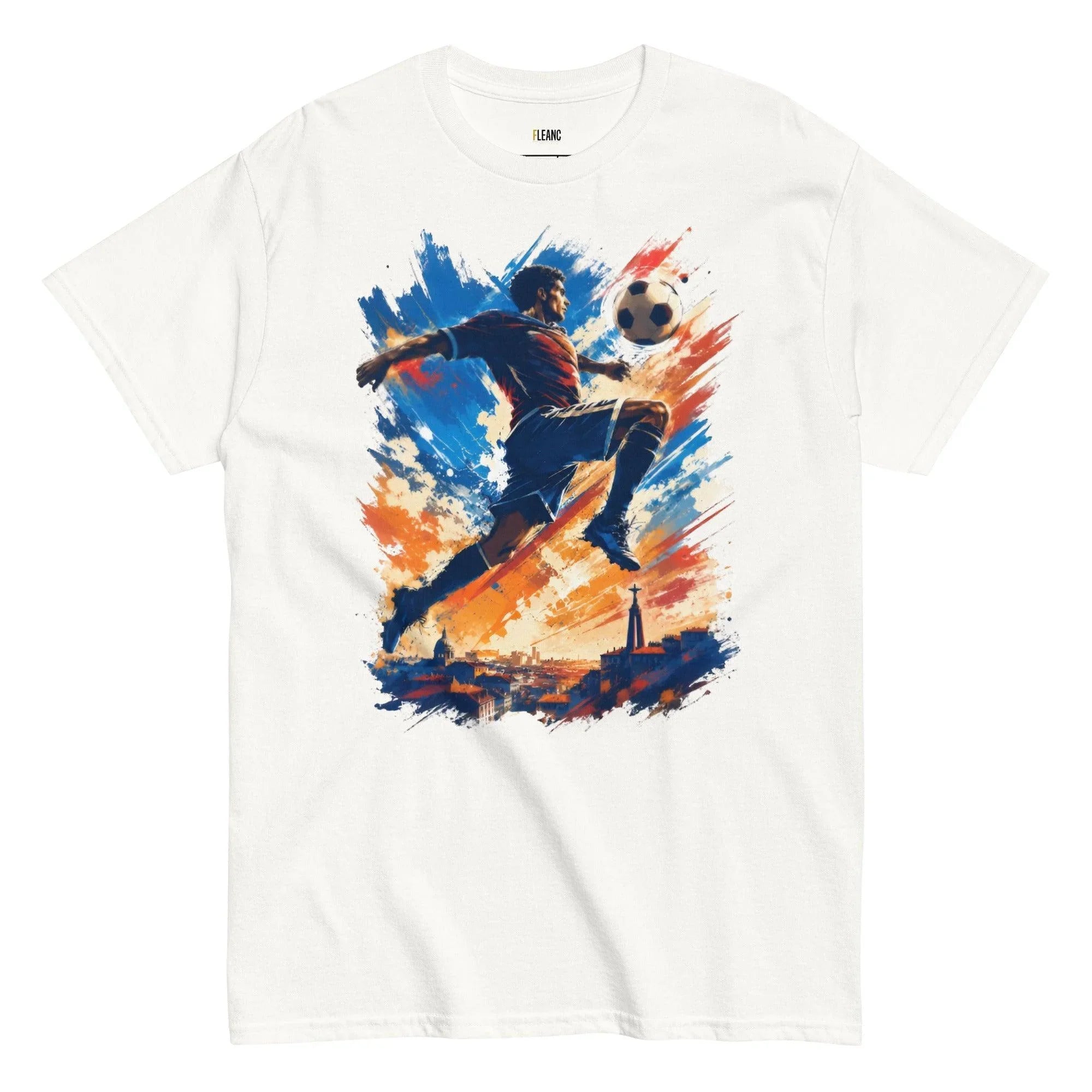 White soccer fan t-shirt with dynamic player kicking ball over city skyline, vibrant blue and orange design